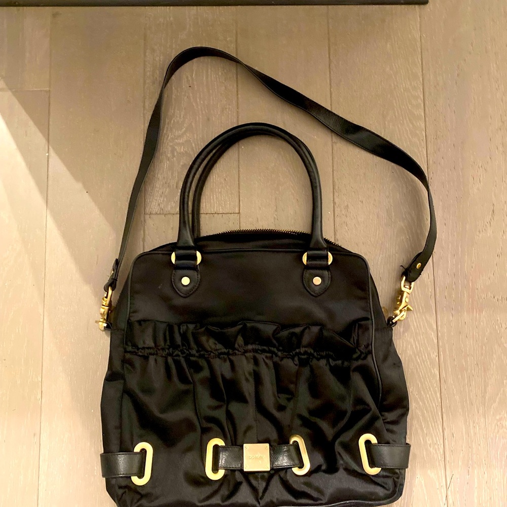 Botkier Ladies large black silk shoulder/carryon bag with gold accents